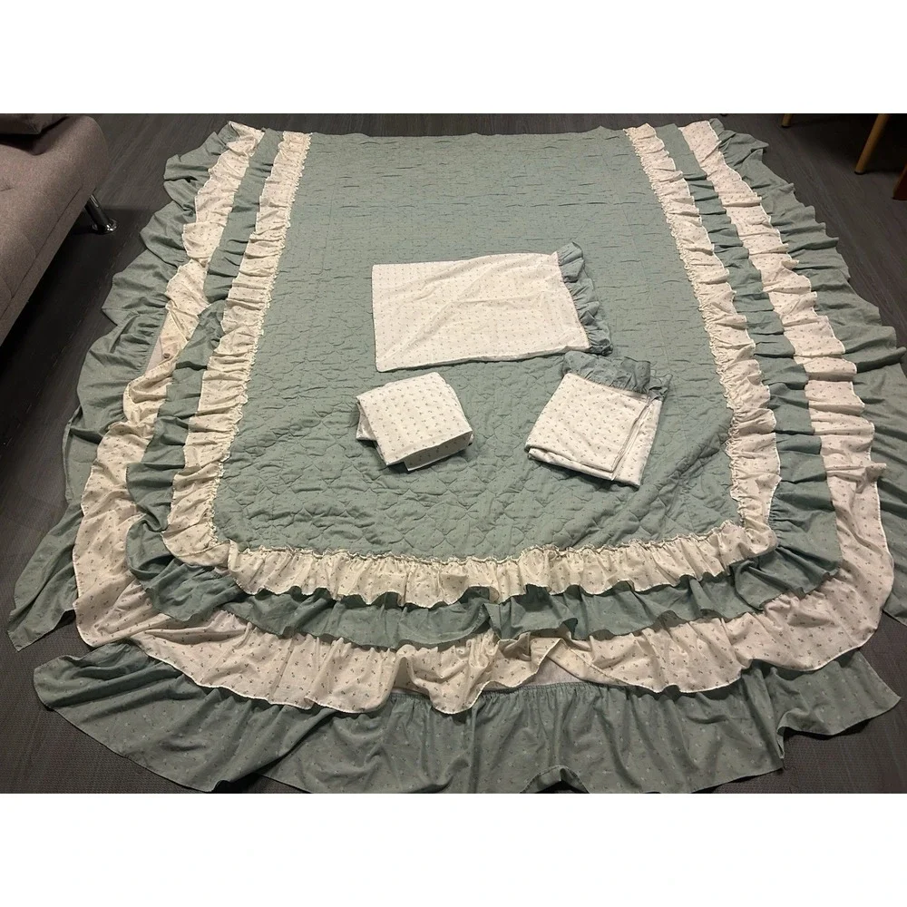 Vintage Sears Cottagecore Full Green‎ Floral Ruffle Bedspread Sheets Pillow Case